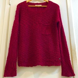 Roxy Chunky Open Knit Crocheted Sweater Chest Pocket Rib Collar/Cuff/Hem Medium.